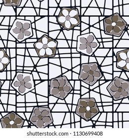 Seamless pattern of flowers inscribed in pentagons. Easily editable.
Against the background of a grid of squares broken into fragments.