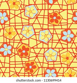 Seamless pattern of flowers inscribed in pentagons. Easily editable.
Against the background of a grid of squares broken into fragments.