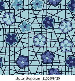 Seamless pattern of flowers inscribed in pentagons. Easily editable.
Against the background of a grid of squares broken into fragments.
