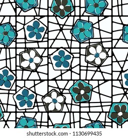 Seamless pattern of flowers inscribed in pentagons. Easily editable.
Against the background of a grid of squares broken into fragments.
