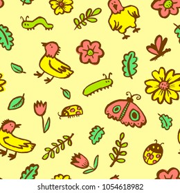 Seamless pattern with flowers and insects. Floral background with sketchy  butterfly, dragonfly, tulips, leaves, ladybirds. Vector illustration in doodle children style