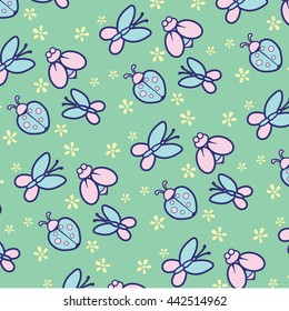 Seamless pattern with flowers and insects on green background.
