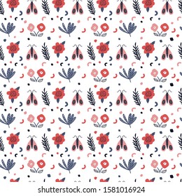 Seamless pattern with flowers and insects in Scandinavian style. Perfect for wrapping paper, wallpaper, fabric texture