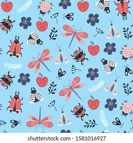 Patrón sin problemas con flores e insectos al estilo escandinavo. Perfecto para envolver papel, papel pintado, textura de tela