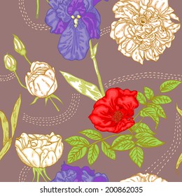 Seamless pattern with flowers: iris, briar