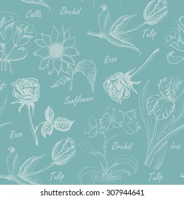 Seamless pattern with  flowers. Iris, calla lily, tulip, orchid, sunflower and rose. Vector illustration for your design