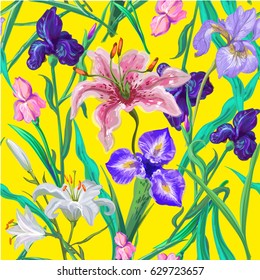 Seamless pattern with flowers. Iris. Lily. Vector. Hand drawn. Bright yellow
