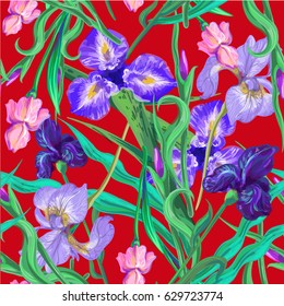 Seamless pattern with flowers. Iris. Lily. Vector. Hand drawn. Red background