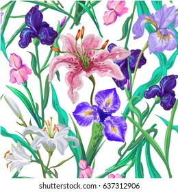 Seamless pattern with flowers. Iris. Lily. Vector. Hand drawn.
