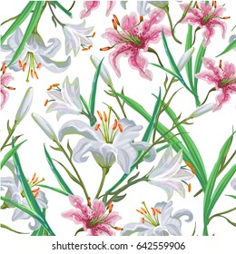 Seamless pattern with flowers. Iris. Lily. Vector. Hand drawn.