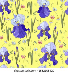 Seamless pattern with flowers. Irises and wildflowers on a yellow background. Beautiful floral background for fabric.