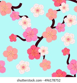 seamless pattern with flowers of Japanese of cherries on sky background vector illustration