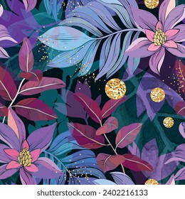 Patrón de flores sin foco, plantas de selva y hojas de palma, textura de acuarela. Diseño de fondo de escritorio. Estilo moderno.