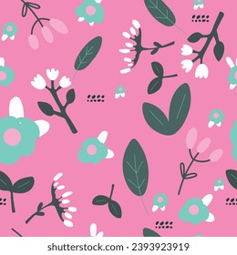 Seamless pattern with flowers, kids pattern on pink background. Flowers, leaves, dots, cute pattern. Vector 