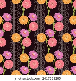 Nahtlose Muster von Blumen und Spitzen, schwarzer Hintergrund, Moderner Blumenmuster-Vektor, Vintage-floraler Hintergrund, Muster für Tapeten, Geschenkpapier und Modedrucke.