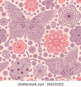 Seamless pattern with flowers, ladybug  and butterflies. Romantic floral background. Pink, purple and violet colors. Detailed vector illustration. 
