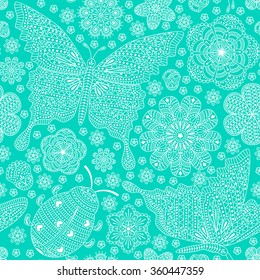 Seamless pattern with flowers, ladybug  and butterflies. Romantic floral background. Turquoise and white colors. Detailed vector illustration. 