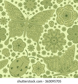 Seamless pattern with flowers, ladybug  and butterflies. Romantic floral background. Green color. Detailed vector illustration. 