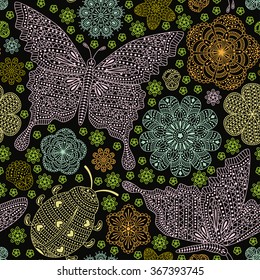 Seamless pattern with flowers, ladybug  and butterflies. Romantic floral background. Detailed vector illustration. 