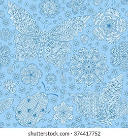 Seamless pattern with flowers, ladybug  and butterflies. Romantic floral background. Blue and white colors. Detailed vector illustration. 