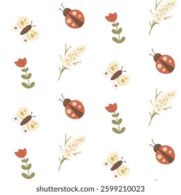 Seamless pattern with flowers, ladybug and butterfly
