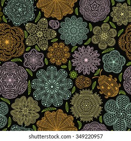 Seamless pattern with flowers and ladybug. Romantic floral background. Pastel light colors. Detailed vector illustration. 