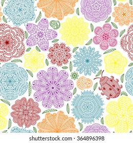 Seamless pattern with flowers and ladybug. Romantic floral background. Brown, orange, green and yellow colors. Detailed vector illustration. 