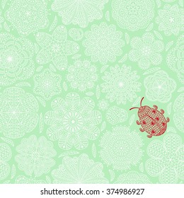 Seamless pattern with flowers and ladybug. Romantic floral background. Turquoise and white colors. Detailed vector illustration. 