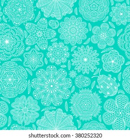 Seamless pattern with flowers and ladybug. Romantic floral background. Turquoise and white colors. Detailed vector illustration. 