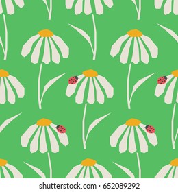 seamless pattern with flowers and ladybugs