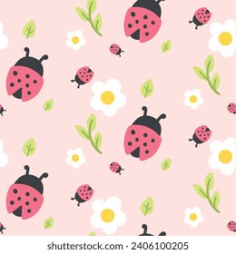 seamless pattern with flowers and ladybugs, cute spring themed pattern with flowers and ladybugs