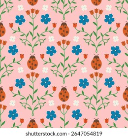 Padrão contínuo com flores e joaninhas. Gráficos vetoriais.
