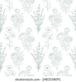 Seamless pattern from flowers of lavender,rose, and hydrangeas on a white background.