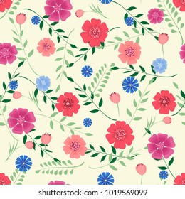 Seamless pattern with flowers and leaf branches on light yellow background . Vector illustration.