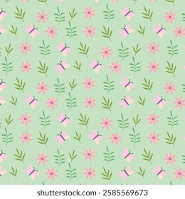 Seamless Pattern With Flowers, Leaf and Butterfly