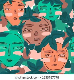 Seamless pattern with flowers, leafs and female faces. Flat hand drawn tropical illustration. Abstract natural background.