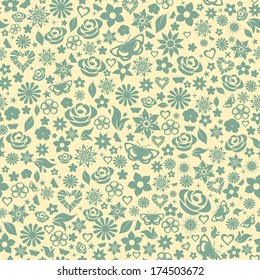 Seamless pattern of flowers, leafs, stars, butterflies and hearts. Turquoise on yellow.