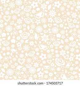 Seamless pattern of flowers, leafs, stars, butterflies and hearts. White on beige.