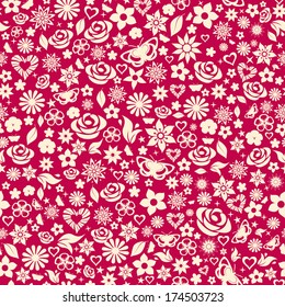 Seamless pattern of flowers, leafs, stars, butterflies and hearts. White on maroon.