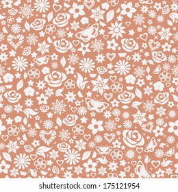 Seamless pattern of flowers, leafs, stars, butterflies and hearts. Gray on brown.