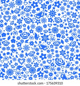 Seamless pattern of flowers, leafs, stars, butterflies and hearts. Blue on white.