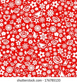 Seamless pattern of flowers, leafs, stars, butterflies and hearts. White on red.