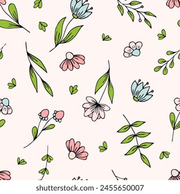 Seamless pattern of flowers with leaves