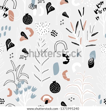Seamless pattern with flowers, leaves and abstarct sheps. Creative floral modern texture. Great for fabric, textile Vector Illustration