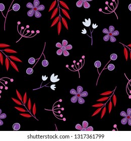 Seamless pattern, flowers and leaves, abstract color scheme, dark background