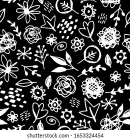 Seamless pattern flowers leaves abstract doodle hand drawn lines scandinavian style white black background. fashion print, trend of the season Can be used for Gift wrap fabrics wallpapers. Vector