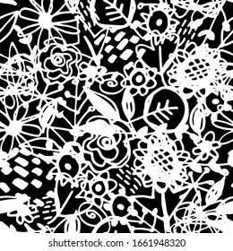 Seamless pattern flowers leaves abstract doodle hand drawn lines scandinavian style white black background. fashion print, trend of the season Can be used for Gift wrap fabrics wallpapers. Vector