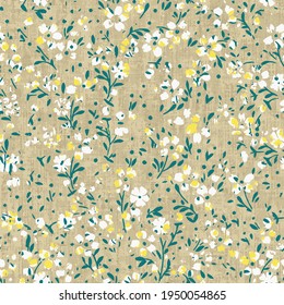 Patrón sin foco con flores, hojas. Resumen del fondo floral. Impresión veraniega. Diseño de tela, papel tapiz sobre textura de lino natural como fondo