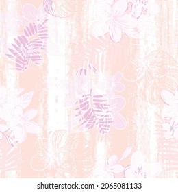 Seamless pattern with flowers, leaves. Abstract floral background. Summer print. Fabric design, wallpaper on natural linen texture as background