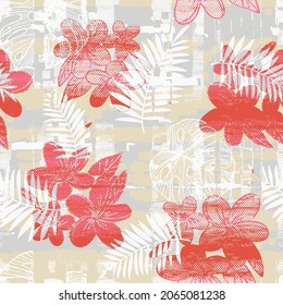 Seamless pattern with flowers, leaves. Abstract floral background. Summer print. Fabric design, wallpaper on natural linen texture as background